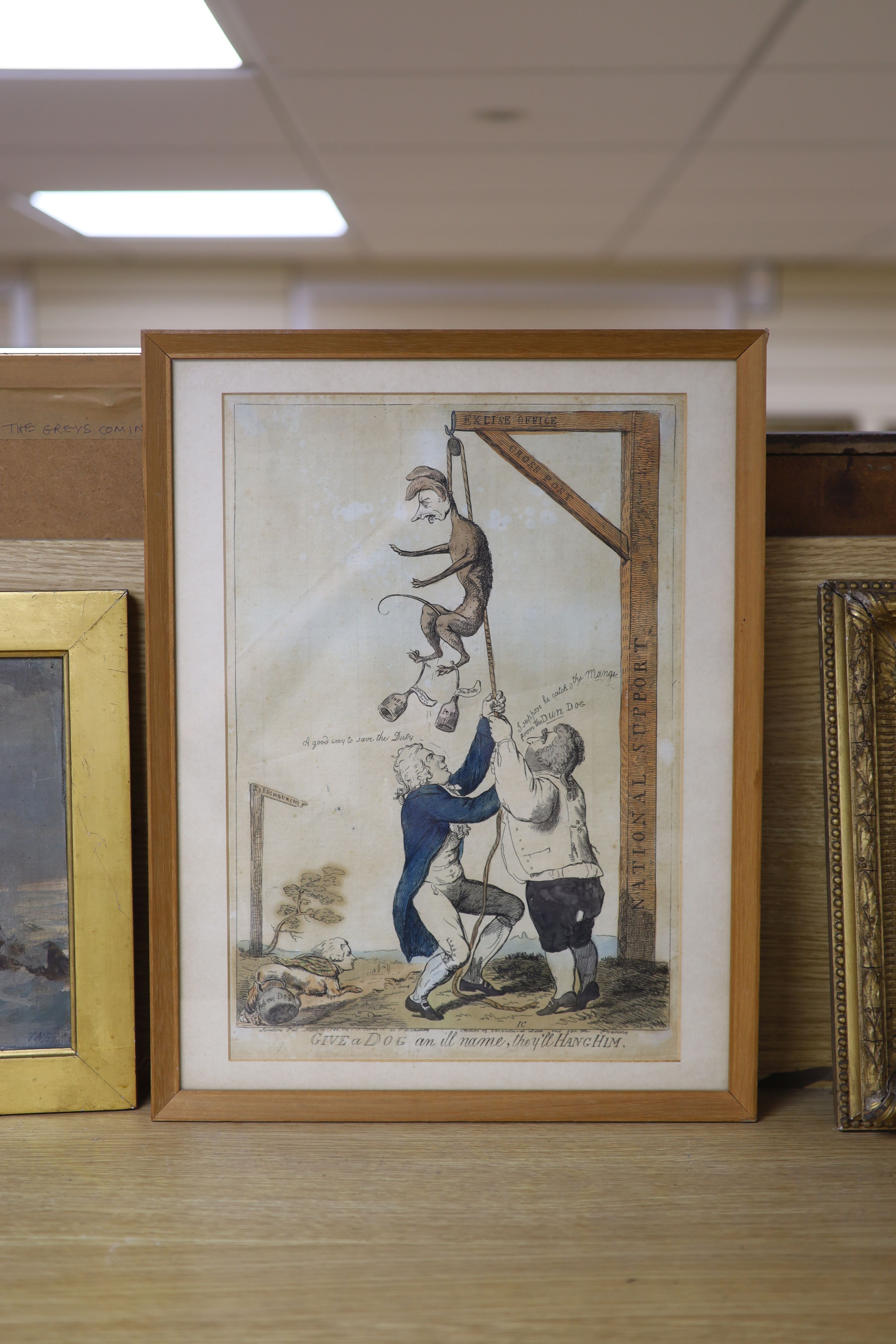 After Isaac Cruikshank (1756-1810), ‘Give a Dog an ill Name, they’ll Hang Him’, dated May 10 1796, 42 x 32cm